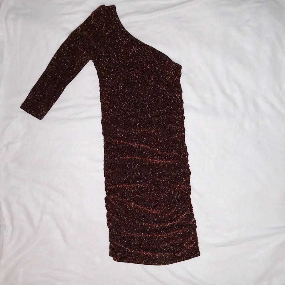 Janice Black & Metallic Bronze One Shoulder Ruched Side Bodycon Dress XS/S - Picture 6 of 7